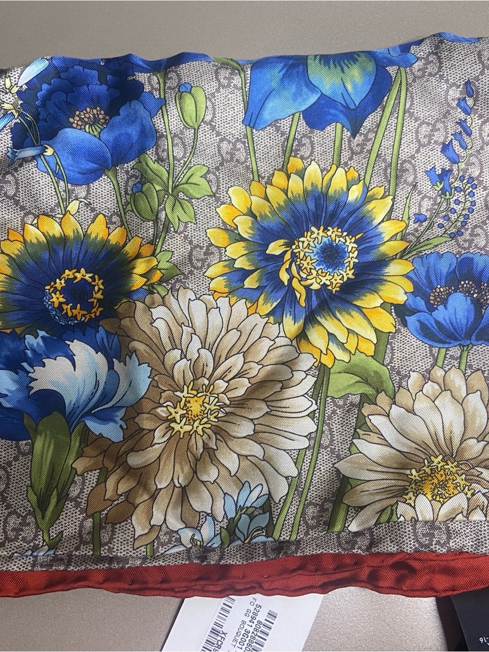 Gucci Beige Monogram Floral Silk Scarf with Blue, Yellow and Red Accents - Picture 3 of 9